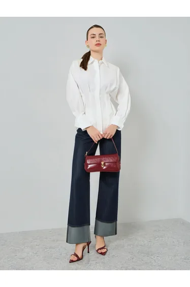 Women White Long Sleeve Fold Pleated Shirt