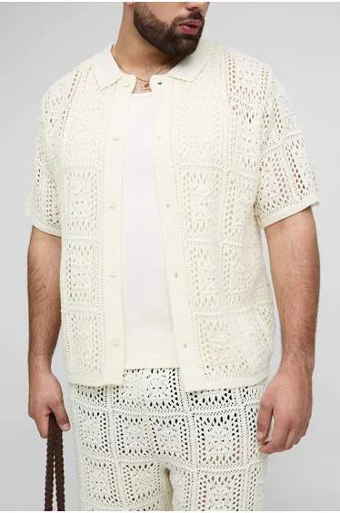 Plus Oversized Crochet Shirt & Short Set - ecru