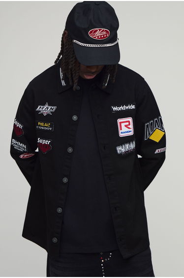 Regular Fit Moto Applique Twill Overshirt - black