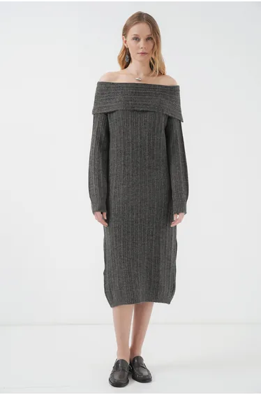 Madonna Collar Oversize Knitted Dress - Anthracite