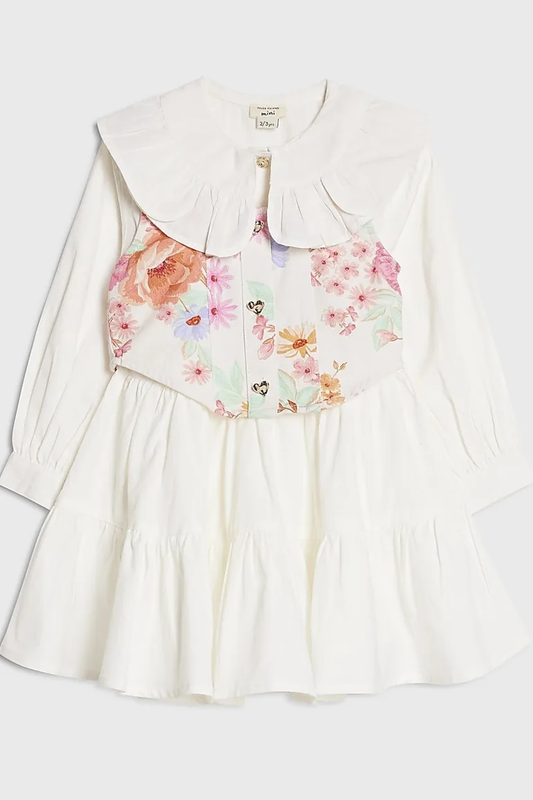 Mini Girls White Floral 2in1 Shirt Dress