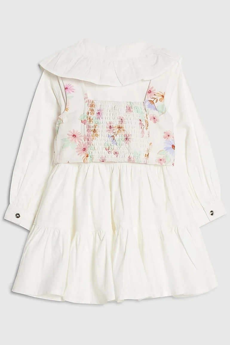 Mini Girls White Floral 2in1 Shirt Dress - 1