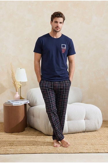 Navy Blue Regular/Normal Cut Plaid / Checked Cotton Piece Knitted Pajama Set