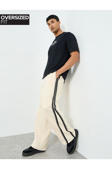 Men Cream Side Taping Striped Oversized Joggers