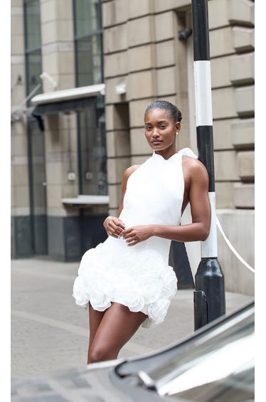 Premium White Woven Floral Ruffle Detail High Neck Cowl Bodycon Dress