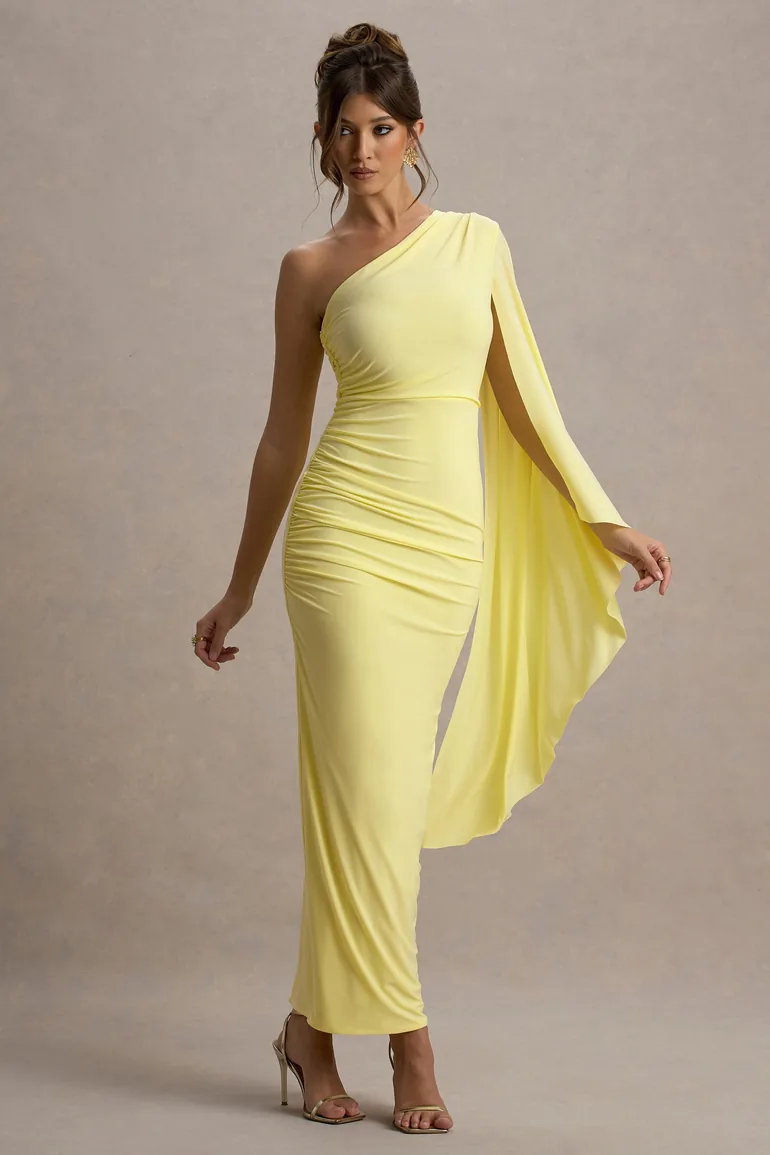 sachin and babi light blue dress WEDTREND Women Lemon Yellow Sheath Asymmetrical Formal Dress with Ruffles  Satin One Shoulder Wedding Guest Dress  Wedtrend UK