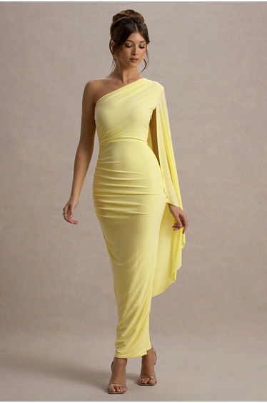 Clementina | Lemon Asymmetric Cape Sleeve Maxi Dress