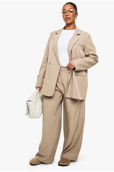 PLUS PINSTRIPE STRAIGHT LEG TROUSER - mocha