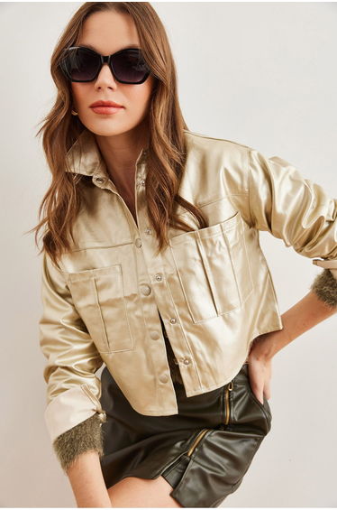 Women's Gold Double Pocket Leather Look Crop Jacket