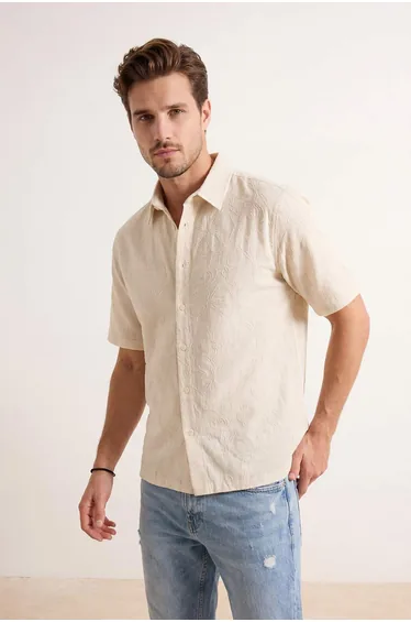 Beige Regular Fit Embroidered Summer Men's Shirt