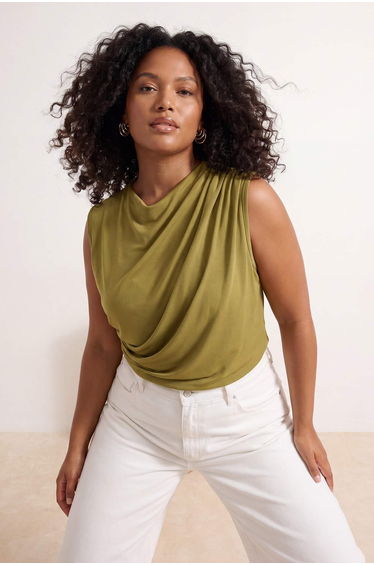 Green Mock Neck Ruched Detail Sleeveless Knitted Large Size Blouse