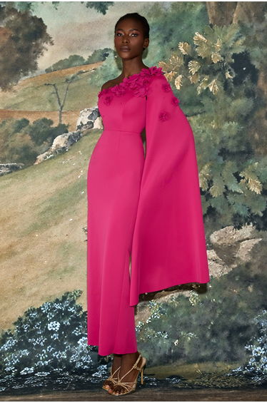 3D Flower Cape Sleeve Slit Midi Dress