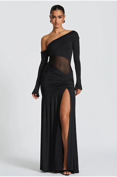 Anastasia Black One Shoulder Gathered Maxi Dress
