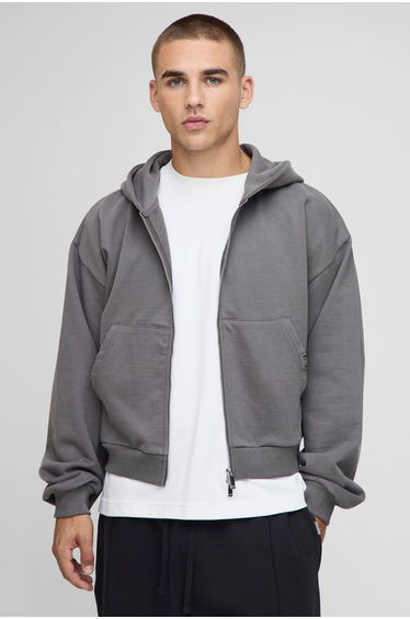 Premium Man Script Heavyweight Shrunken Fit Zip Through Hoodie