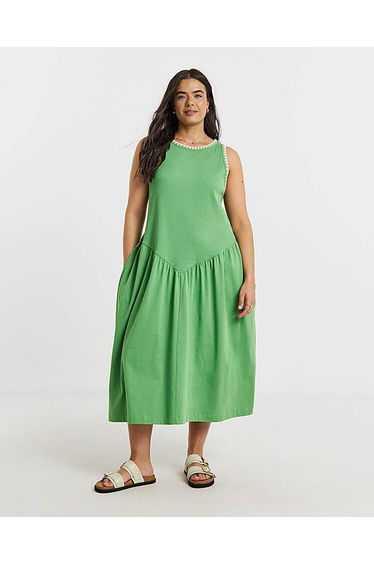 Jersey Mix Midi Dress With Whipstitch