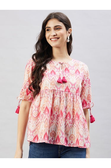 Women Pink Print Tassel Detail Top