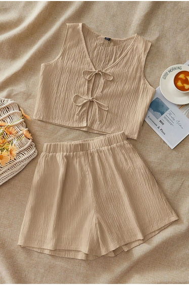 Women's Beige Ribbed Shorts Tie-Up Suit