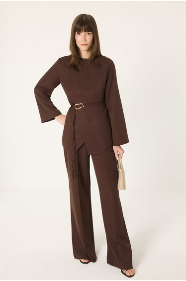 ASYMMETRIC BELT DETAIL JACKET & PANTS SET