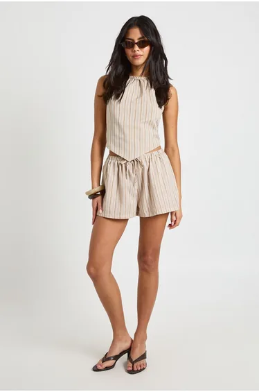 Linen Look Stripe Halter Top - stone