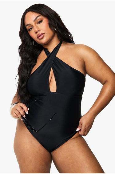 Plus Tummy Control Cross Over Swimsuit - black