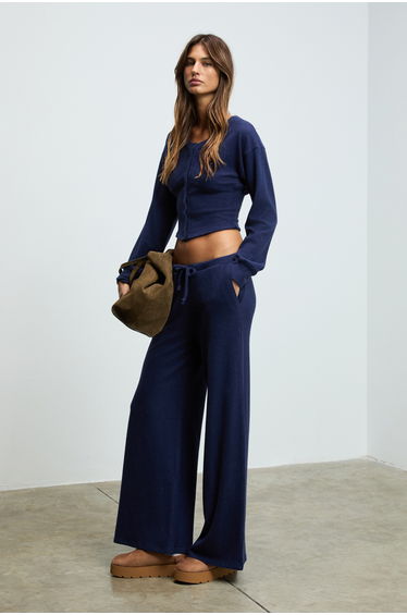 GRIMELANGE CLARITA Women's Soft and Stretchy Fabric Buttoned Crop Sweatshirt in Navy Blue Fitted at the Waist