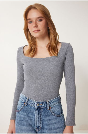 Women's Gray Square Collar Corduroy Knitted Top