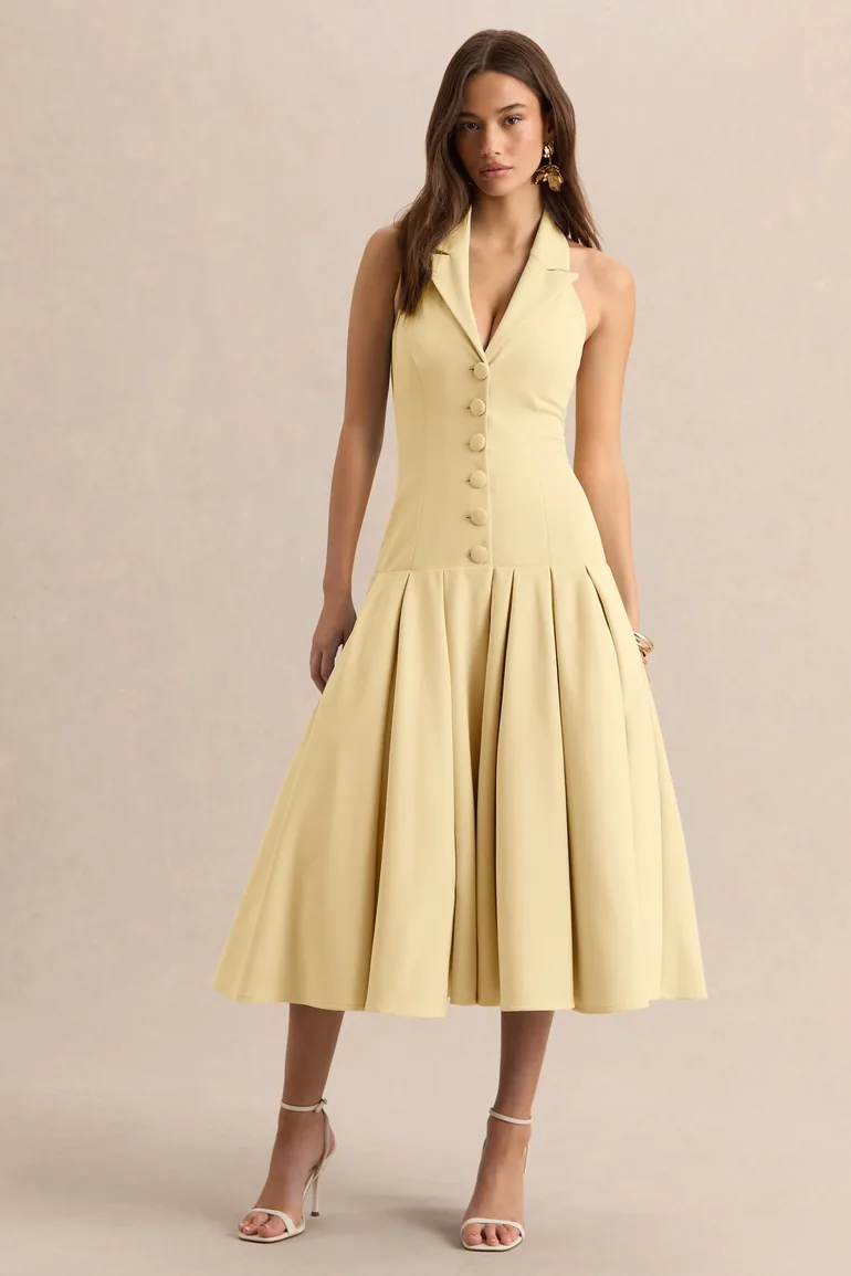 Elise | Lemon Plunge-Neck Midi Dress With Drop-Waist - 4