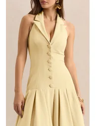 Elise | Lemon Plunge-Neck Midi Dress With Drop-Waist - 2