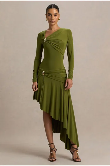 Alexia | Green Asymmetric-Neck Maxi Dress With Embellishment And Ruched Detailing