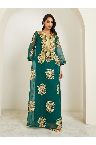 Women Embellished Lace Trim Jalabiya
