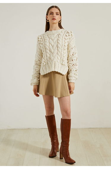 Crew Neck Pointelle Sleeve Pom-Pom Knit Sweater in Ivory