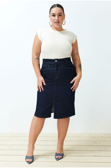 Dark Blue Slit Mini Pencil Denim Skirt