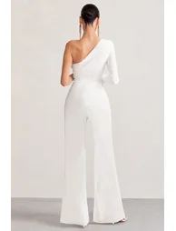 Mila | White One Shoulder Ruched Wide Leg Jumpsuit - 1