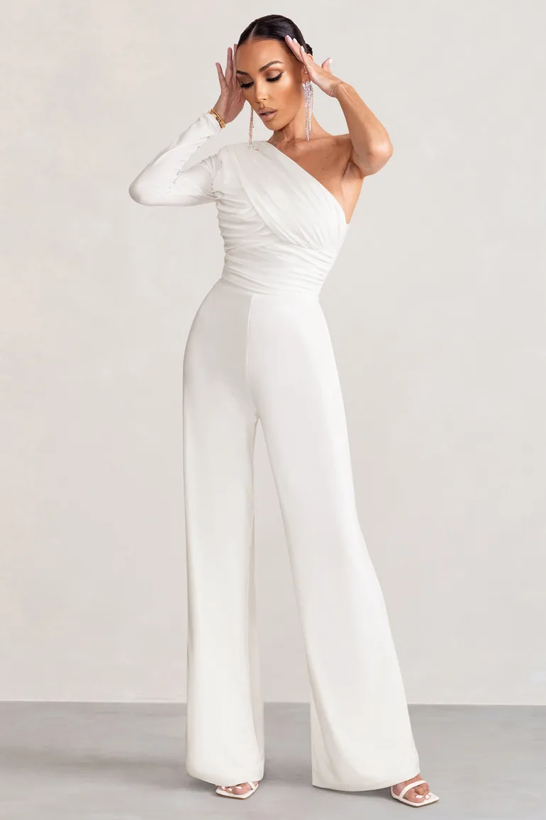 Mila | White One Shoulder Ruched Wide Leg Jumpsuit - 3