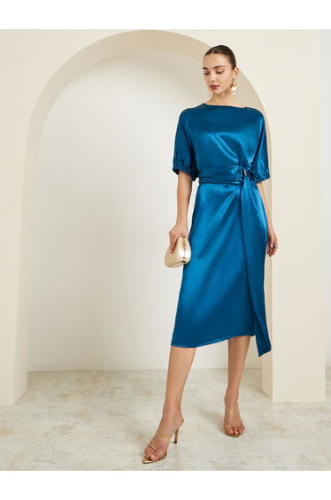 Blue Satin Sheath Midi Dress with Belt