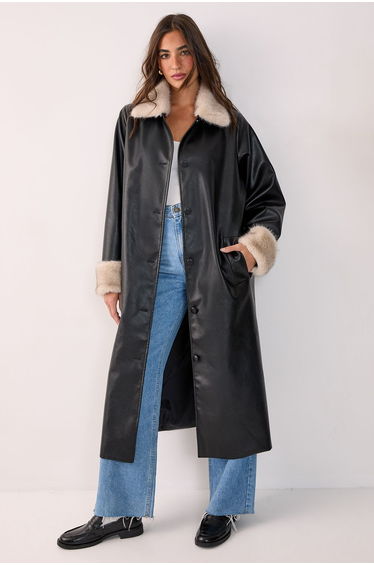 Fur Trim Faux Leather Longline Coat