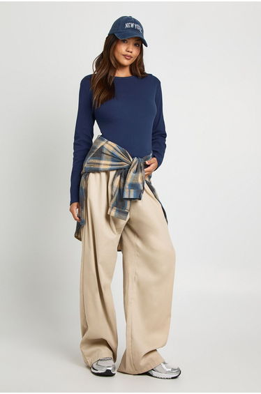 Maternity Basic Rib Long Sleeve Longline Fitted Top - navy