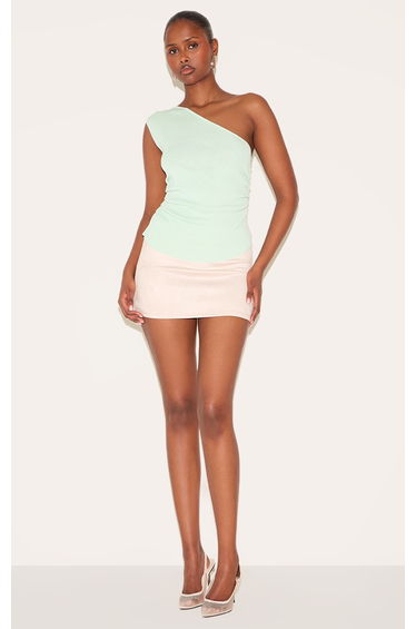 Sage Green Fine Knit One Shoulder Ruched Side Top