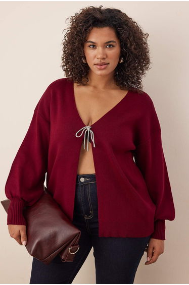 Burgundy Bow/Ribbon Detailed Knitwear Cardigan
