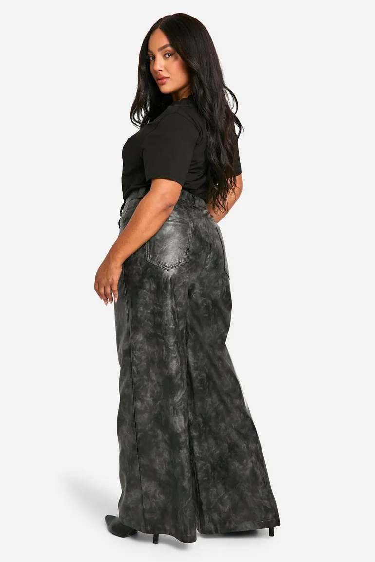 Plus Washed Faux Leather Wide Leg Trouser - 1