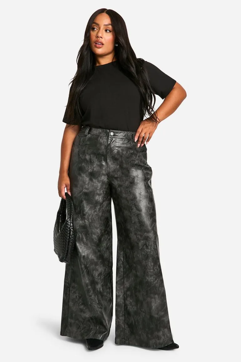 Plus Washed Faux Leather Wide Leg Trouser