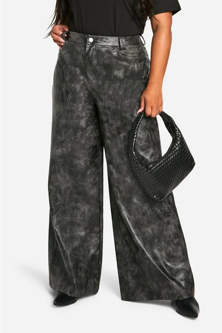 Plus Washed Faux Leather Wide Leg Trouser - 3