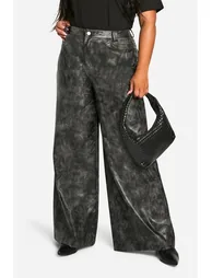 Plus Washed Faux Leather Wide Leg Trouser - 3