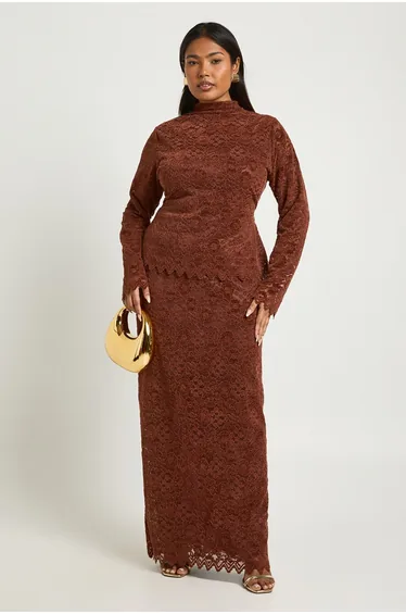 Plus Premium Lace Maxi Skirt - chocolate