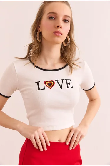 Women's White Love Embroidered Crop Stretchy Cotton Blouse