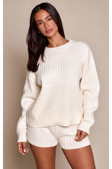 Petite Cream Rib Knit Crew Neck Sweatshirt