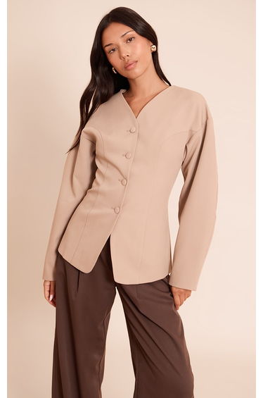 Taupe Collarless Fabric Covered Button Blazer