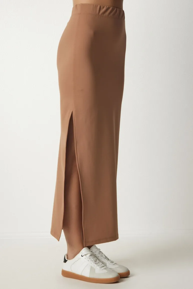 Women's Biscuit Knitted Woven Midi Skirt with a Slit - 2