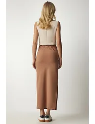 Women's Biscuit Knitted Woven Midi Skirt with a Slit - 4