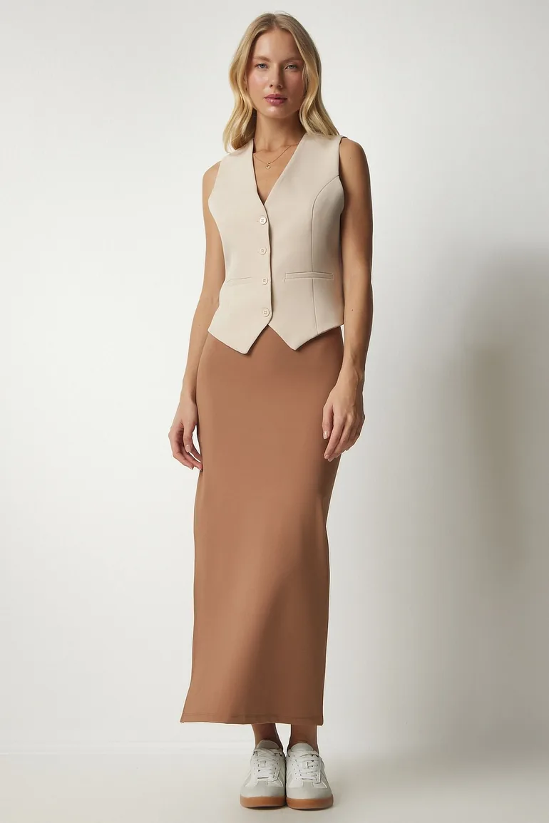 Women's Biscuit Knitted Woven Midi Skirt with a Slit - 1
